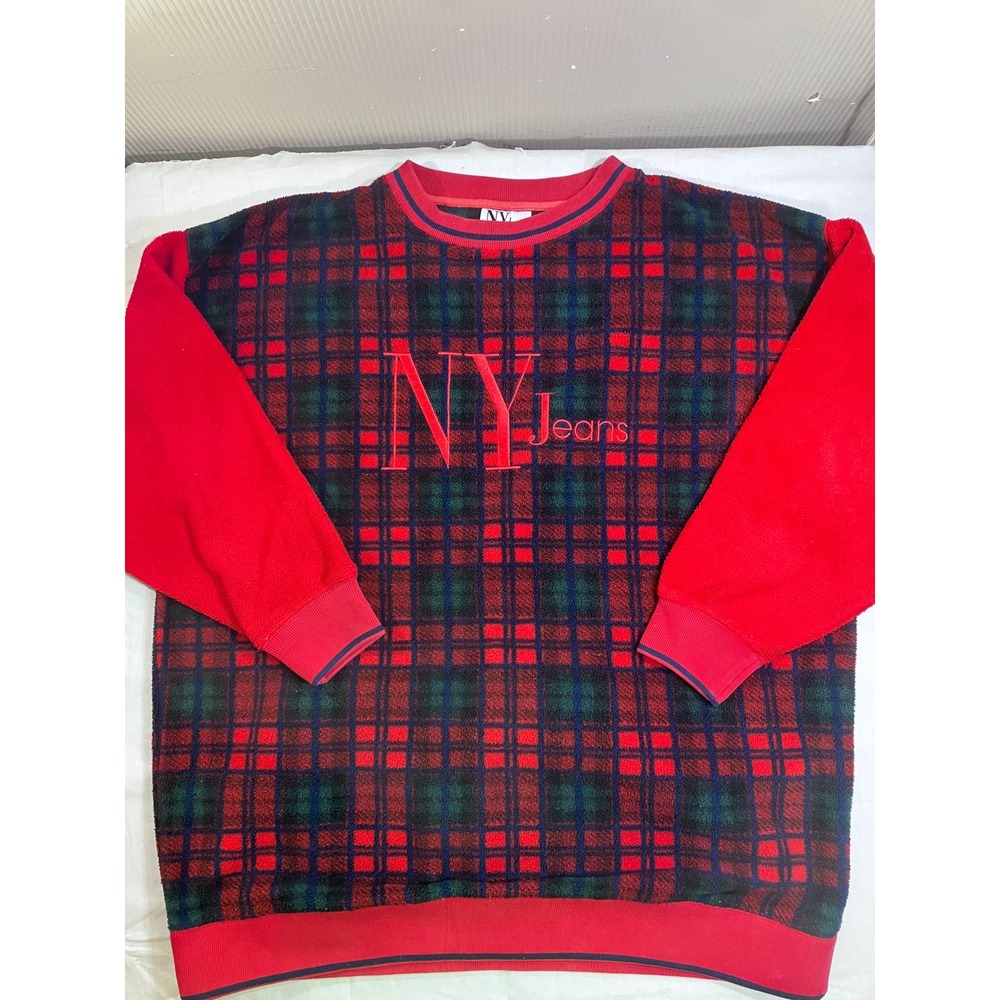 Vintage NY Jeans Red Plaid Fleece Pullover Sweatshirt Mens‎ Medium Oversized 90s